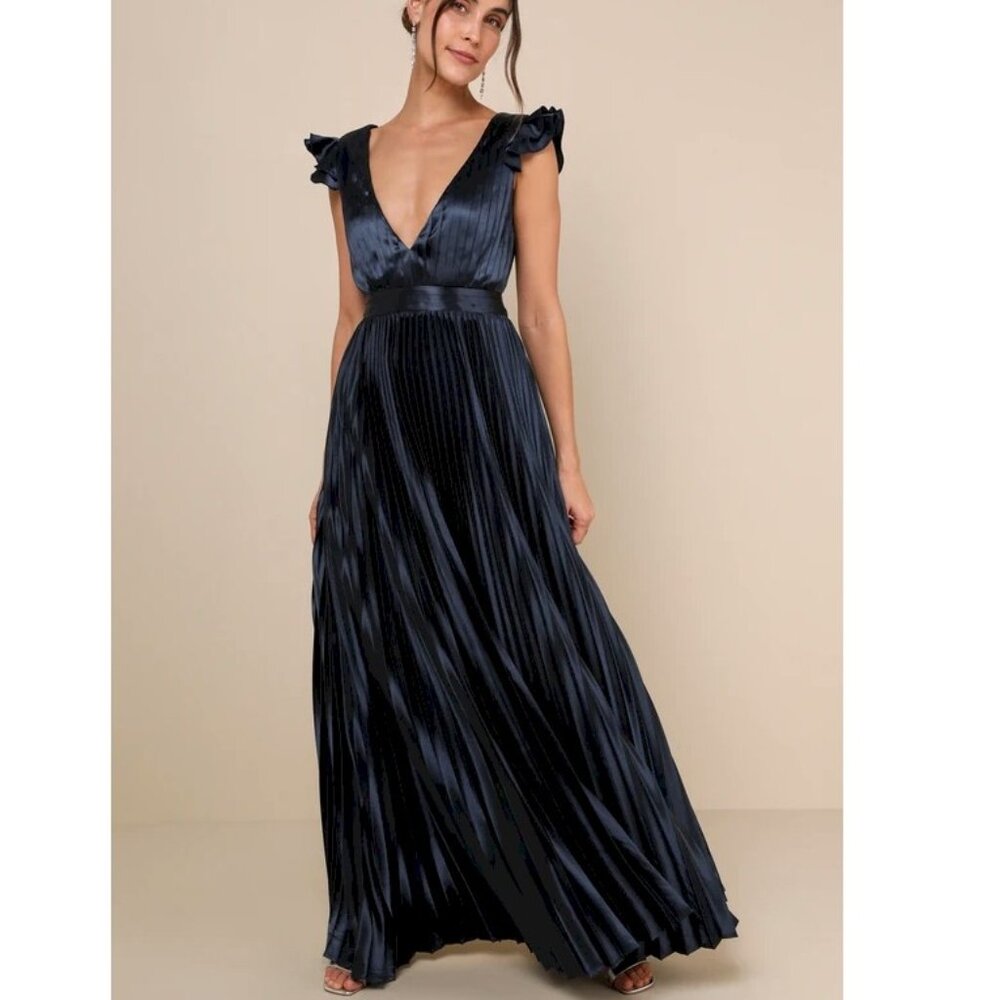 Lulu's Navy Satin Pleated Maxi Dress with Ruffle Shoulders